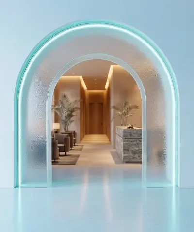 A frosted ice-glass arch opening onto a warm hotel lobby