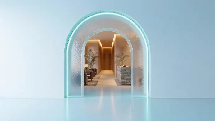 A frosted ice-glass arch opening onto a warm hotel lobby